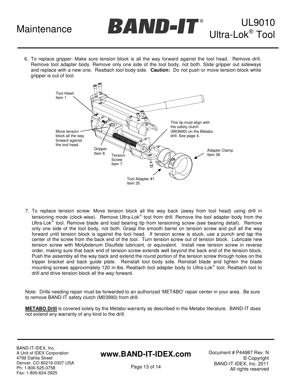 Ul9010 ultra-lok, Tool, Maintenance | BAND-IT UL9010 Ultra-Lok Tool User Manual | Page 13 / 14