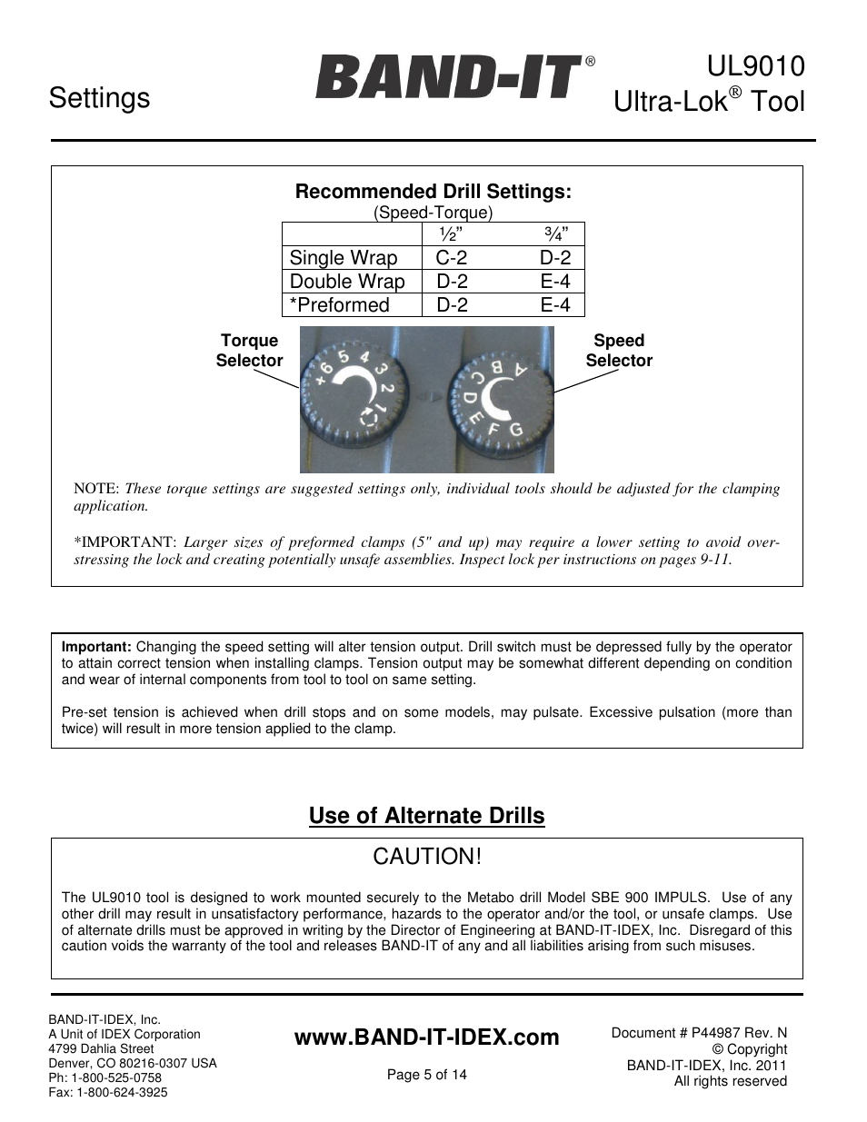 Ul9010 ultra-lok, Tool, Settings | Use of alternate drills, Caution | BAND-IT UL9010 Ultra-Lok Tool User Manual | Page 5 / 14