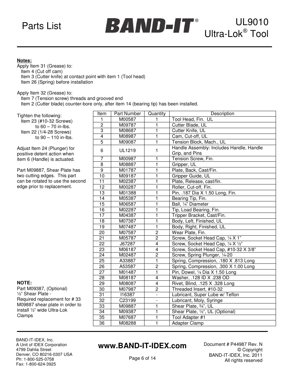 Ul9010 ultra-lok, Tool, Parts list | BAND-IT UL9010 Ultra-Lok Tool User Manual | Page 6 / 14