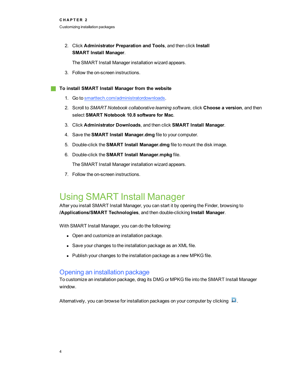 Using smart install manager, Opening an installation package | Smart Technologies Education Software Installer 2011 Mac OS User Manual | Page 10 / 42