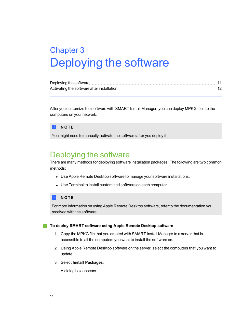 Chapter 3: deploying the software, Deploying the software, Chapter 3 | Smart Technologies Education Software Installer 2011 Mac OS User Manual | Page 17 / 42