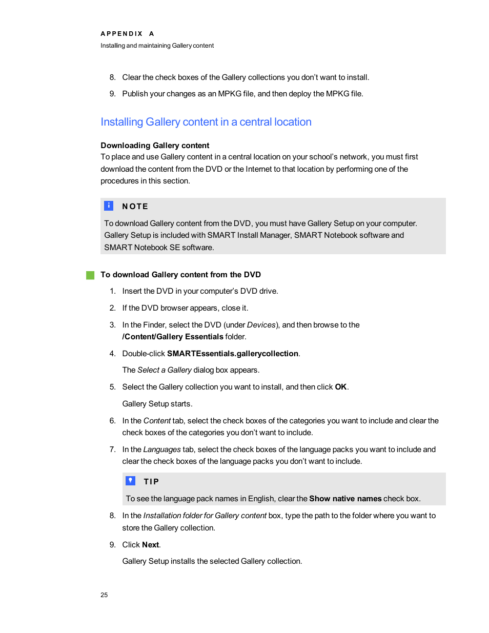 Installing gallery content in a central location, Downloading gallery content | Smart Technologies Education Software Installer 2011 Mac OS User Manual | Page 31 / 42