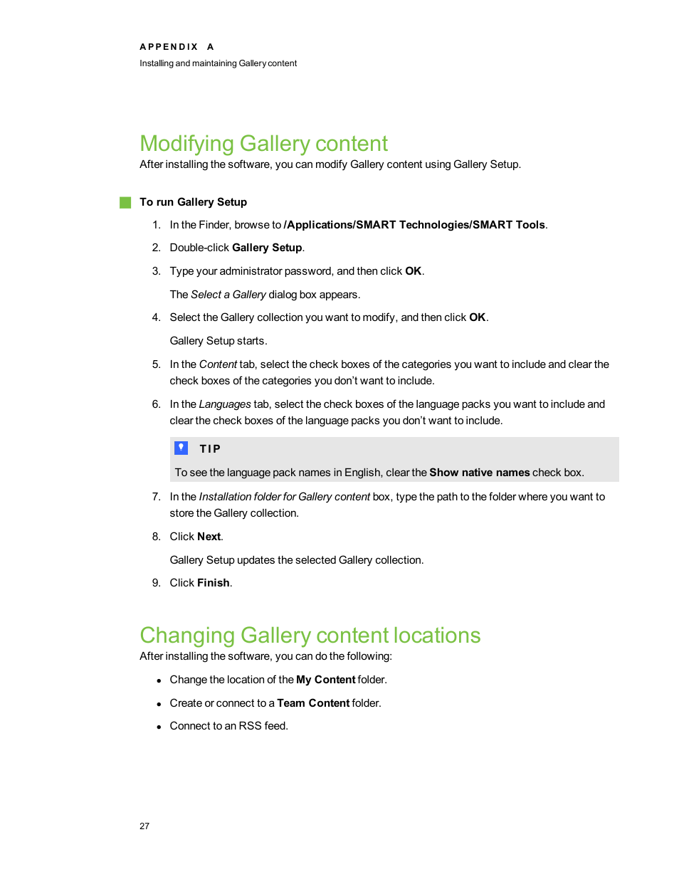 Modifying gallery content, Changing gallery content locations | Smart Technologies Education Software Installer 2011 Mac OS User Manual | Page 33 / 42