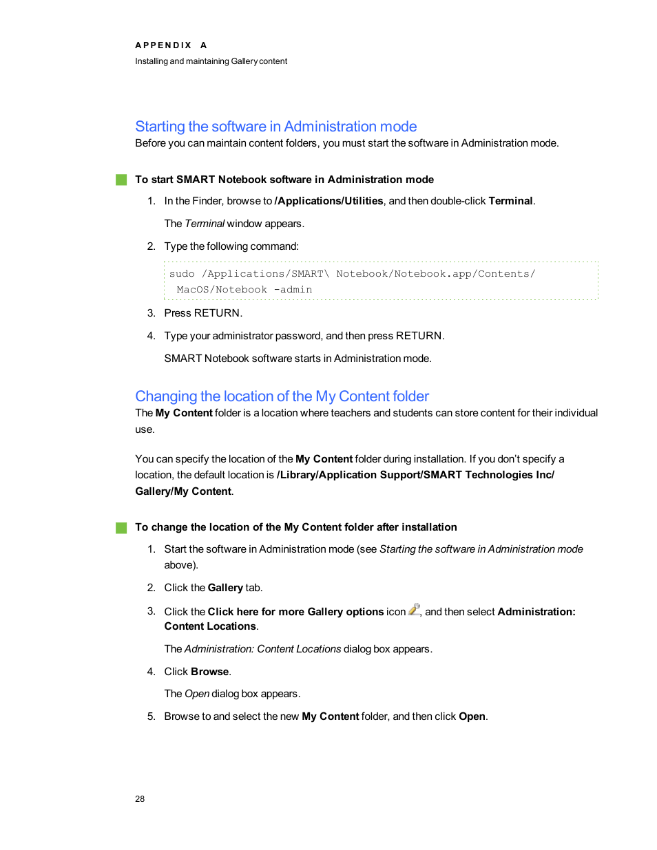 Starting the software in administration mode, Changing the location of the my content folder | Smart Technologies Education Software Installer 2011 Mac OS User Manual | Page 34 / 42
