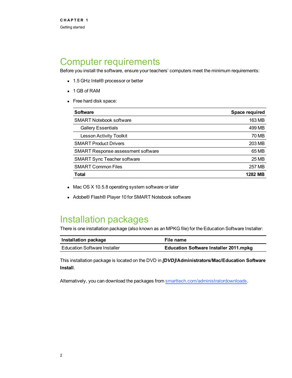 Computer requirements, Installation packages | Smart Technologies Education Software Installer 2011 Mac OS User Manual | Page 8 / 42