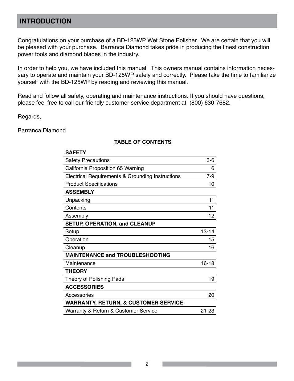 Introduction | Barranca Diamond BD-125WP User Manual | Page 2 / 24