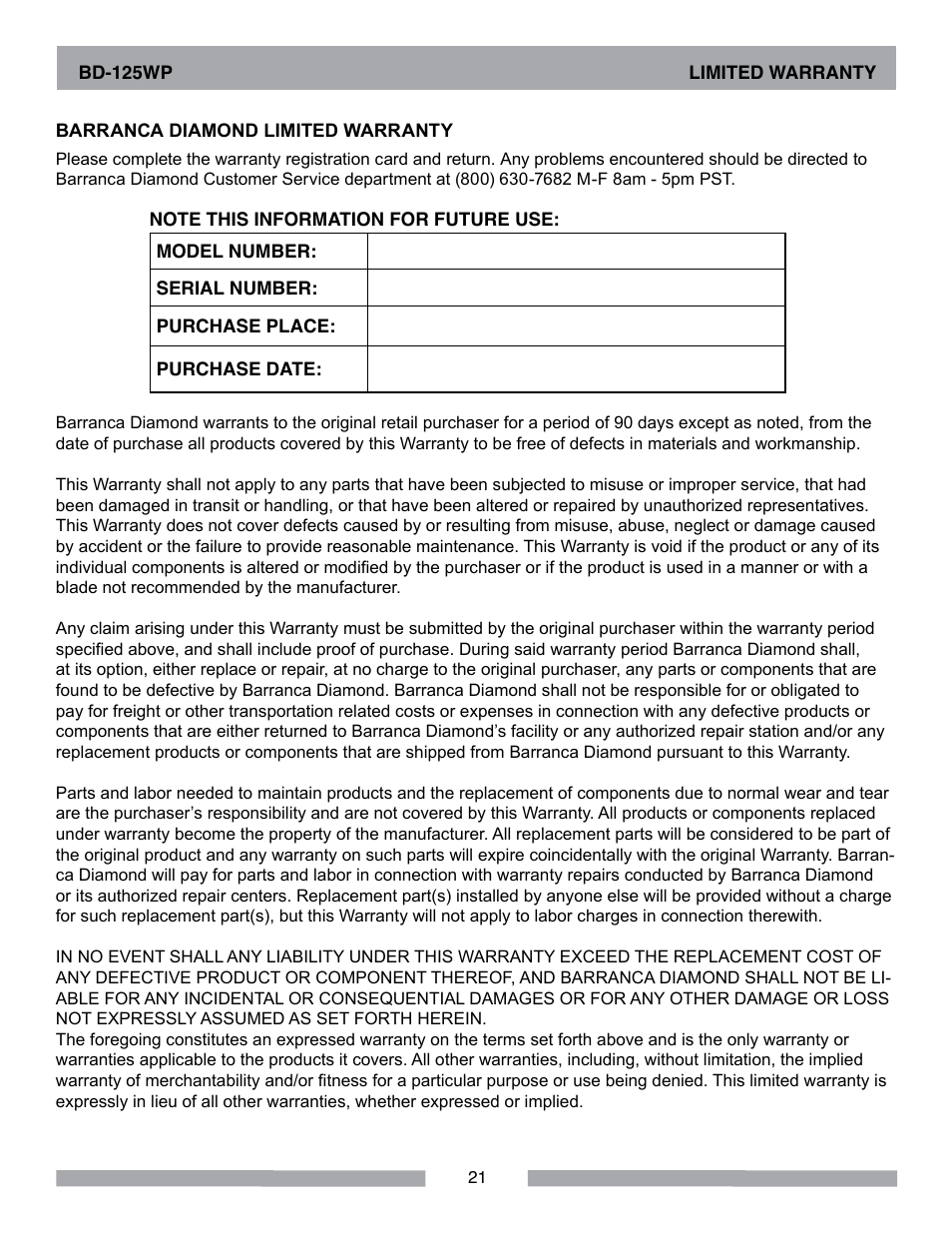 Barranca Diamond BD-125WP User Manual | Page 21 / 24