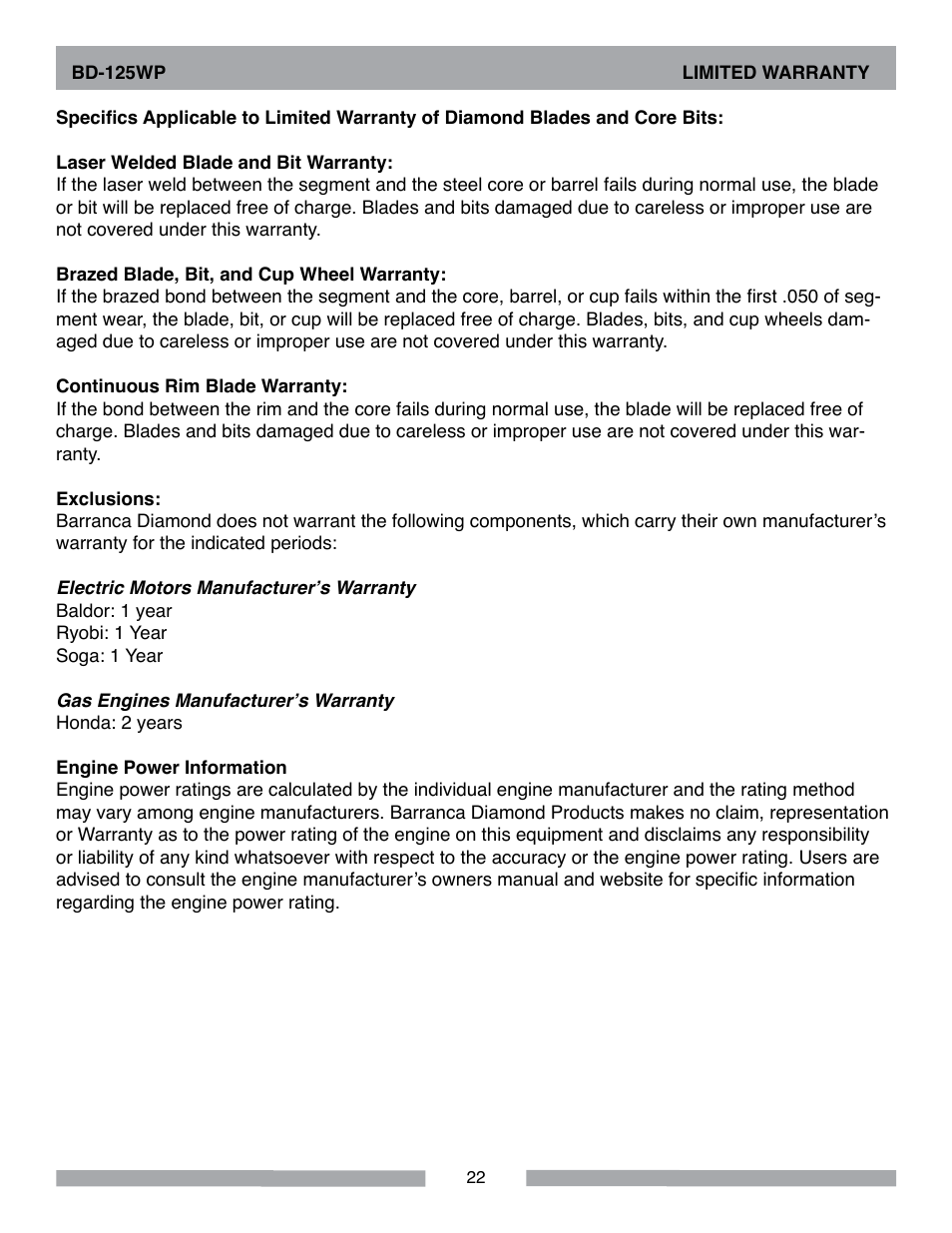Barranca Diamond BD-125WP User Manual | Page 22 / 24