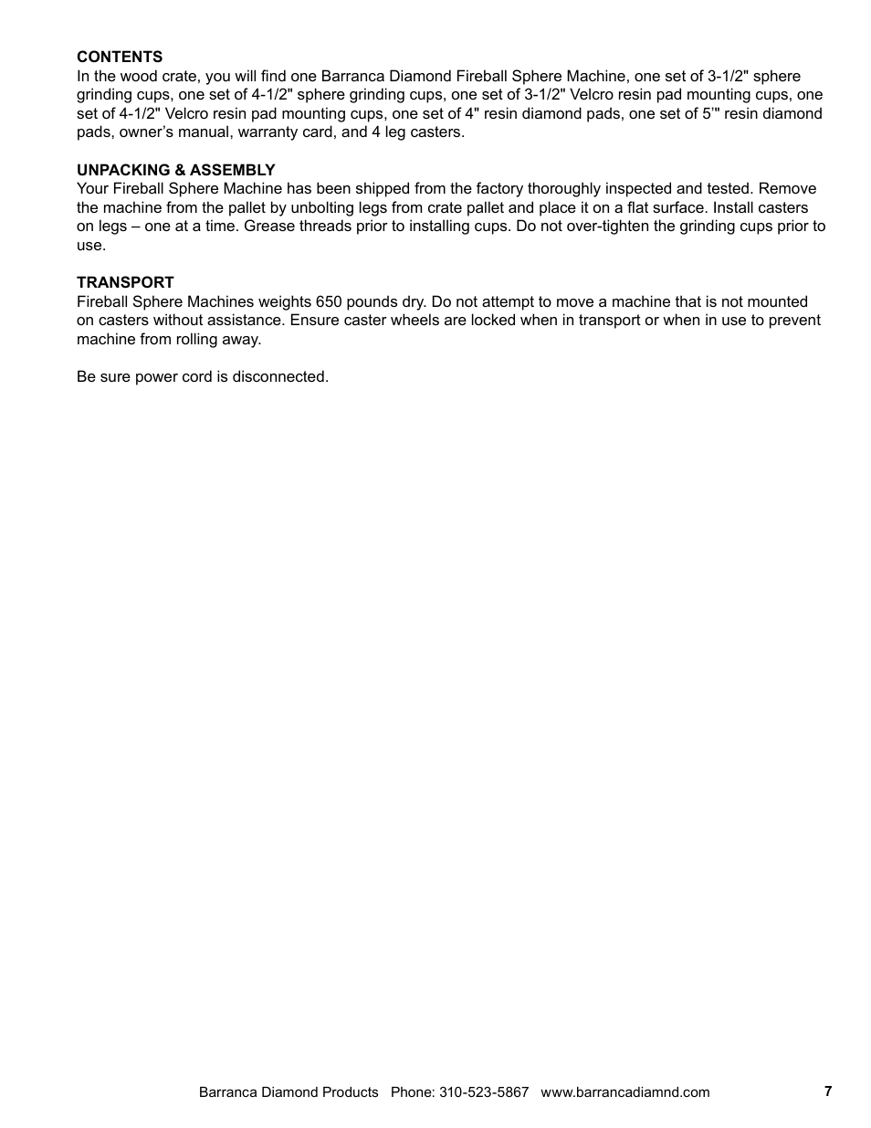 Barranca Diamond FIREBALL 2 AXLE SPHERE MACHINE User Manual | Page 7 / 16
