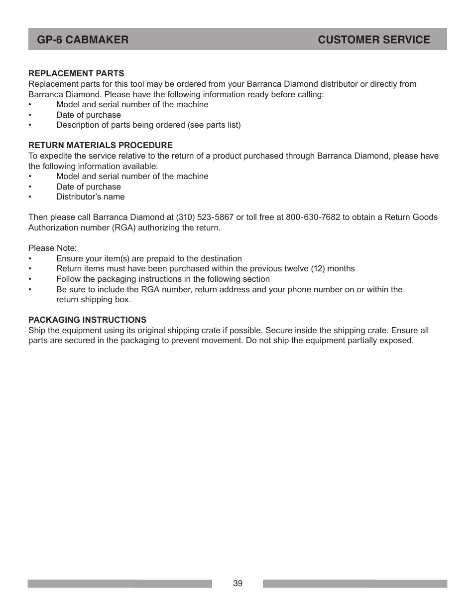 Gp-6 cabmaker customer service | Barranca Diamond GP-6 Cabmaker User Manual | Page 39 / 40