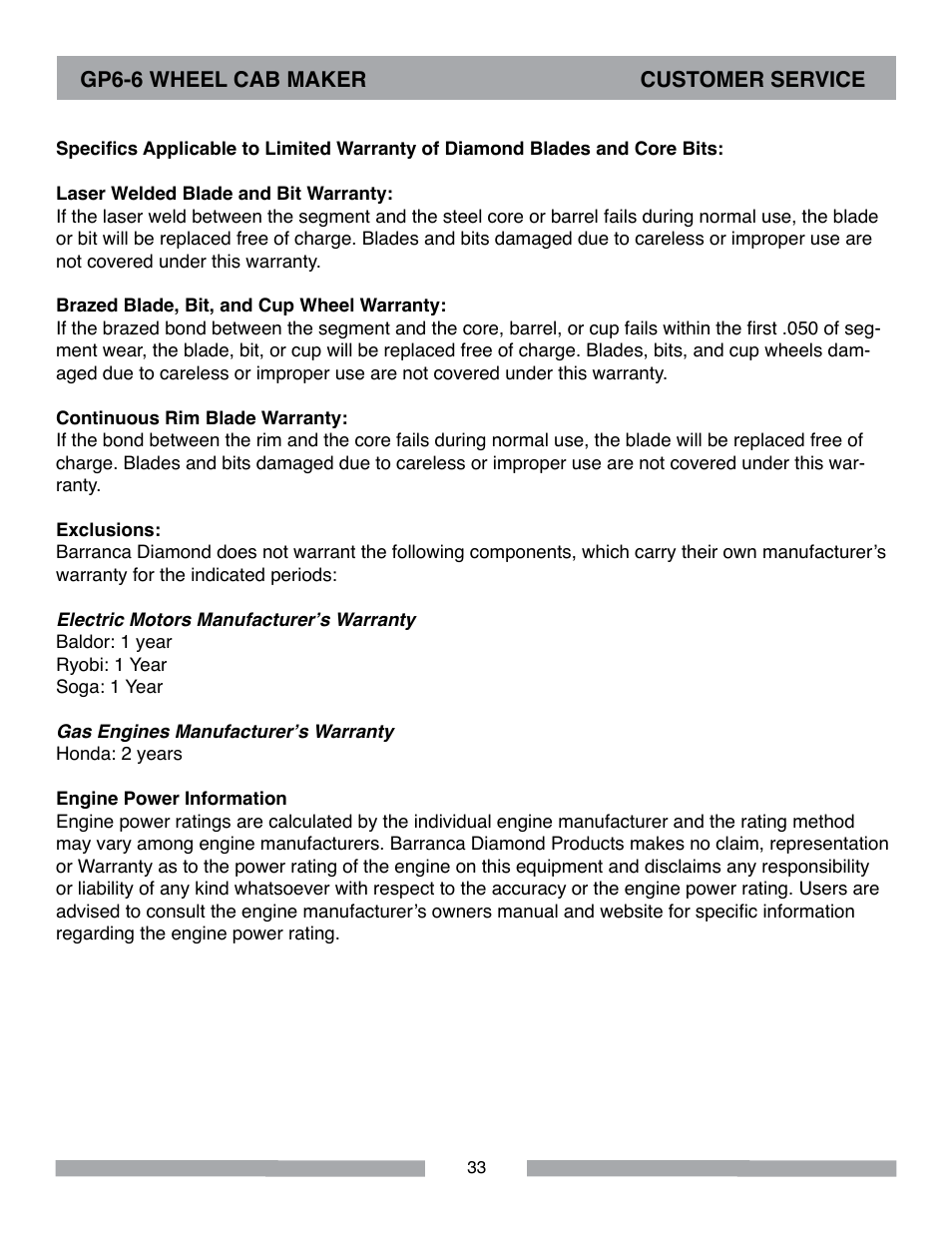 Barranca Diamond GP6-6 Wheel Cab Maker User Manual | Page 33 / 36