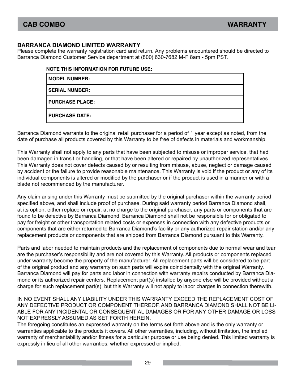 Cab combo warranty | Barranca Diamond SUPER CABMAKER-GP8 User Manual | Page 29 / 32