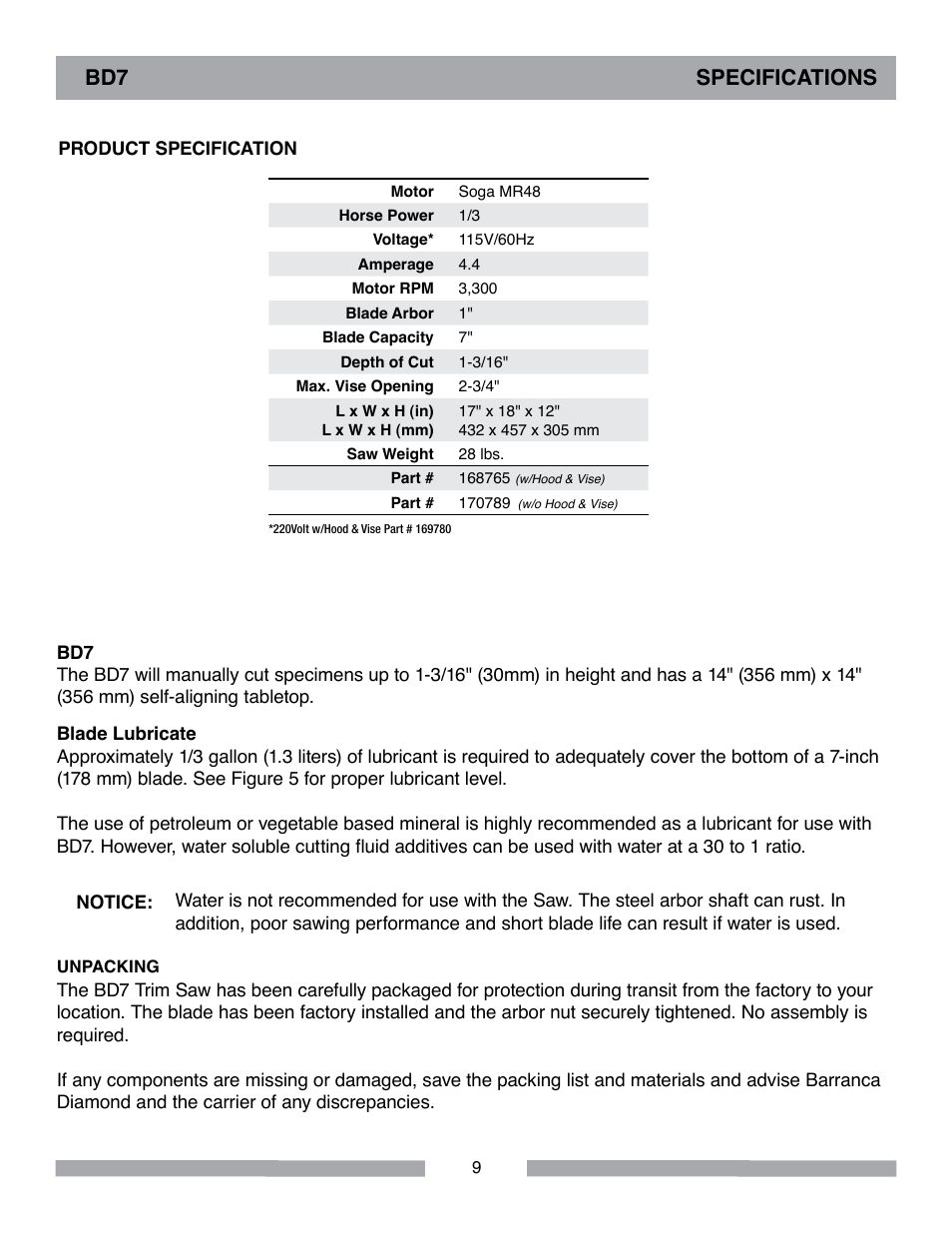 Bd7 specifications | Barranca Diamond BD7 Trim Saw User Manual | Page 9 / 28