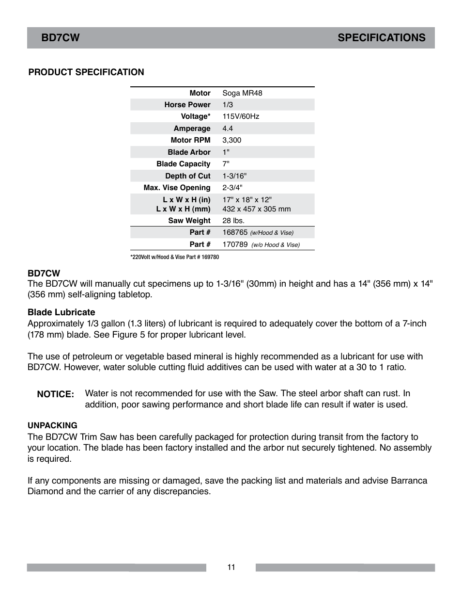 Bd7cw specifications | Barranca Diamond BD7CW Trim Saw User Manual | Page 11 / 28