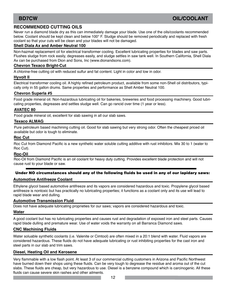 Bd7cw oil/coolant | Barranca Diamond BD7CW Trim Saw User Manual | Page 12 / 28