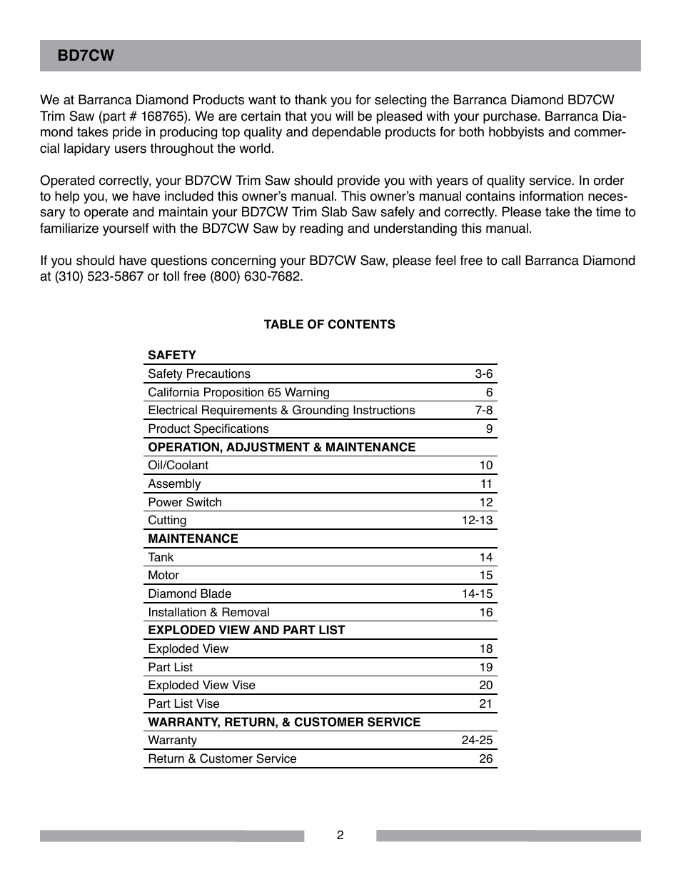 Barranca Diamond BD7CW Trim Saw User Manual | Page 2 / 28