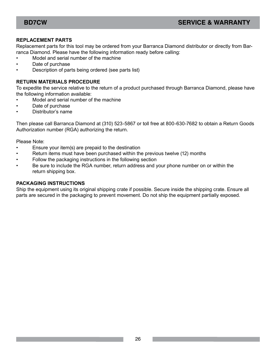 Barranca Diamond BD7CW Trim Saw User Manual | Page 26 / 28