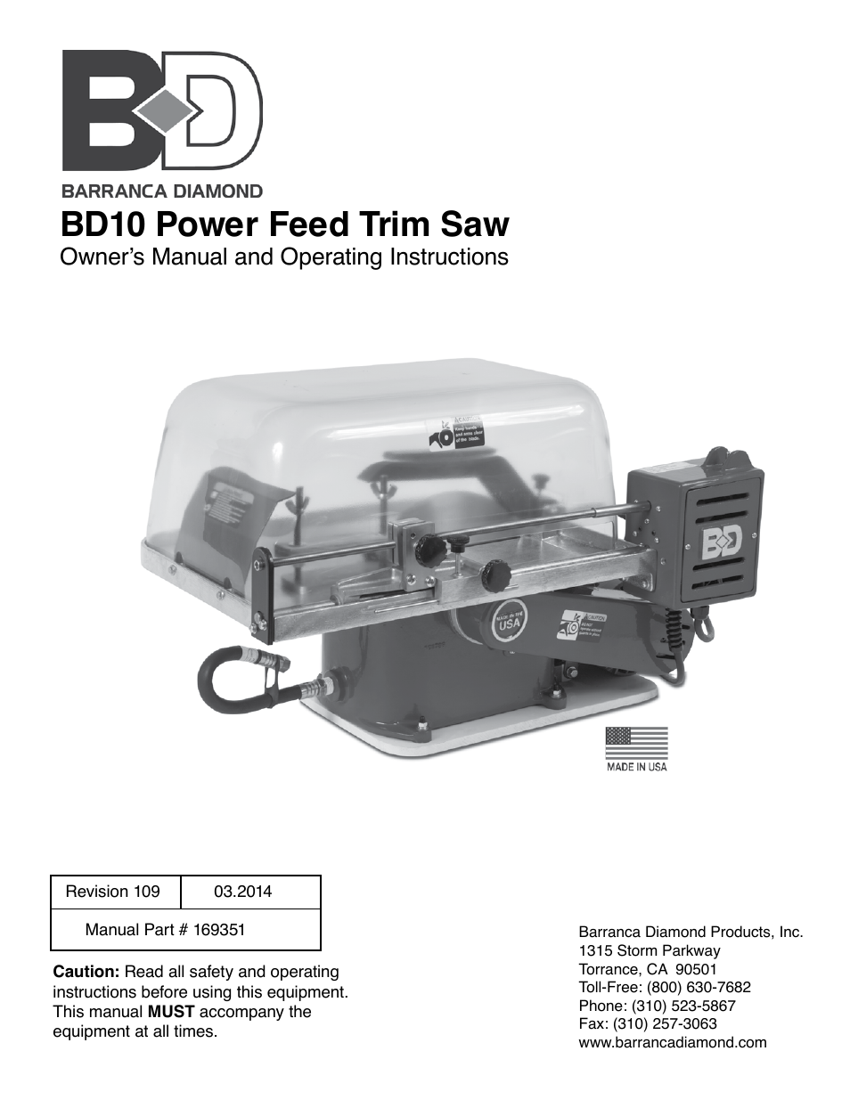 Barranca Diamond BD10 Power Feed Trim Saw User Manual | 36 pages