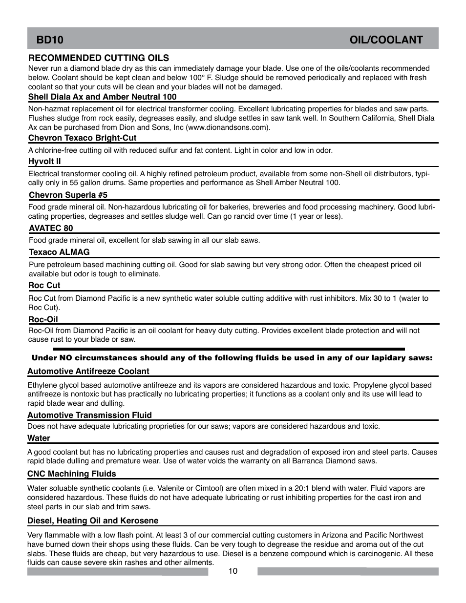 Bd10 oil/coolant | Barranca Diamond BD10 Power Feed Trim Saw User Manual | Page 10 / 36