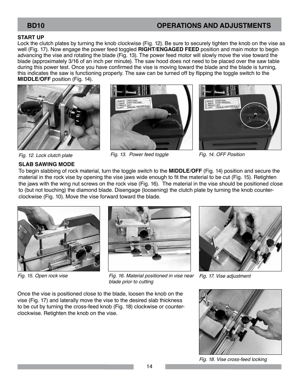 Bd10 operations and adjustments | Barranca Diamond BD10 Power Feed Trim Saw User Manual | Page 14 / 36