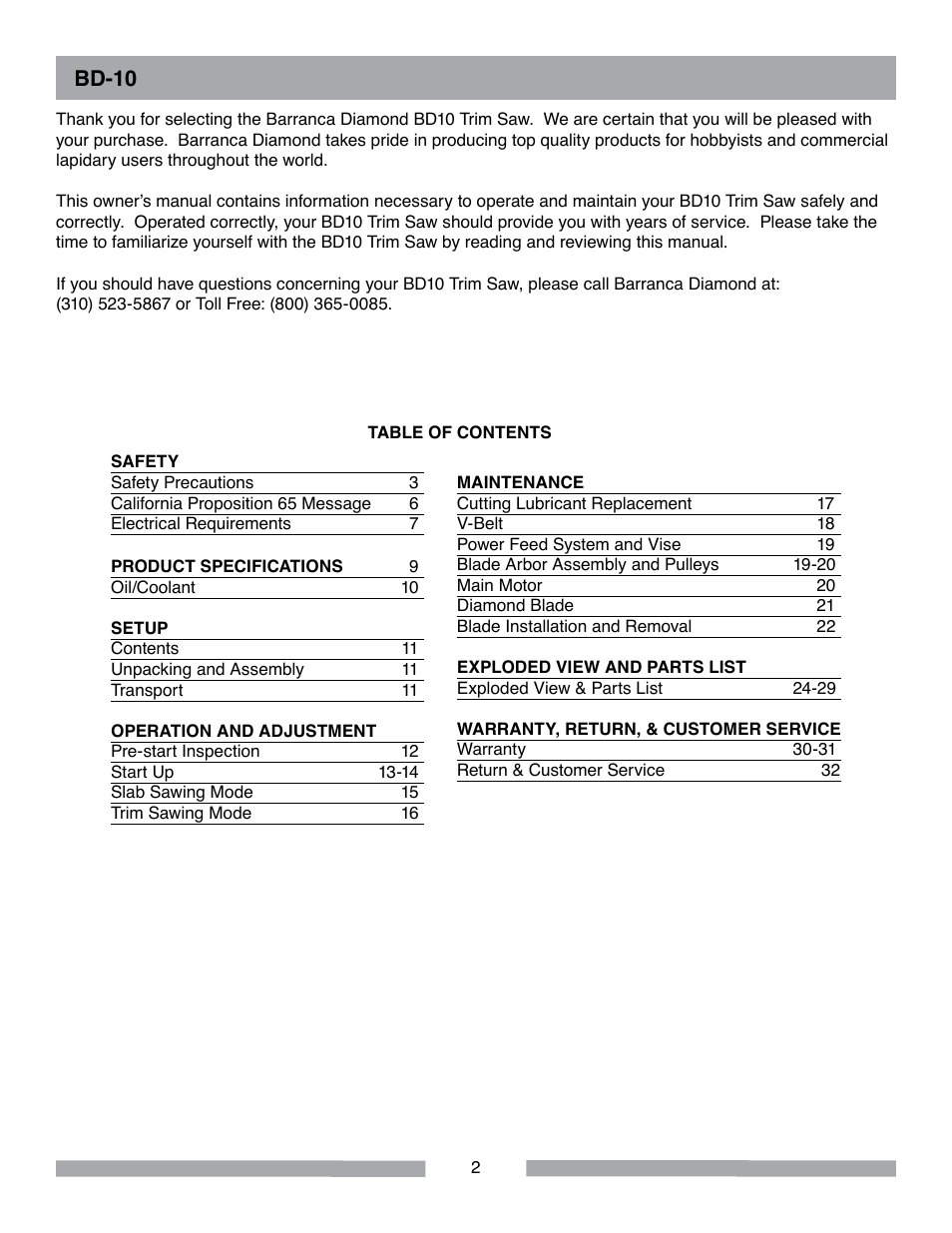 Bd-10 | Barranca Diamond BD10 Power Feed Trim Saw User Manual | Page 2 / 36