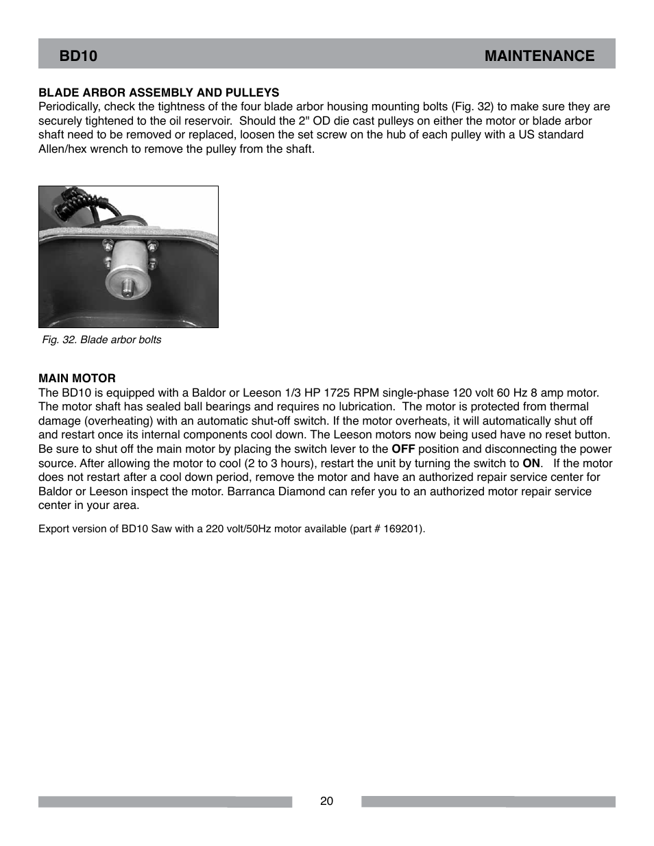 Bd10 maintenance | Barranca Diamond BD10 Power Feed Trim Saw User Manual | Page 20 / 36