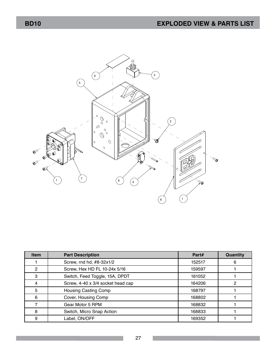 Bd10 exploded view & parts list | Barranca Diamond BD10 Power Feed Trim Saw User Manual | Page 27 / 36
