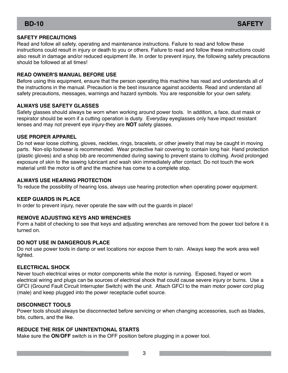 Bd-10 safety | Barranca Diamond BD10 Power Feed Trim Saw User Manual | Page 3 / 36