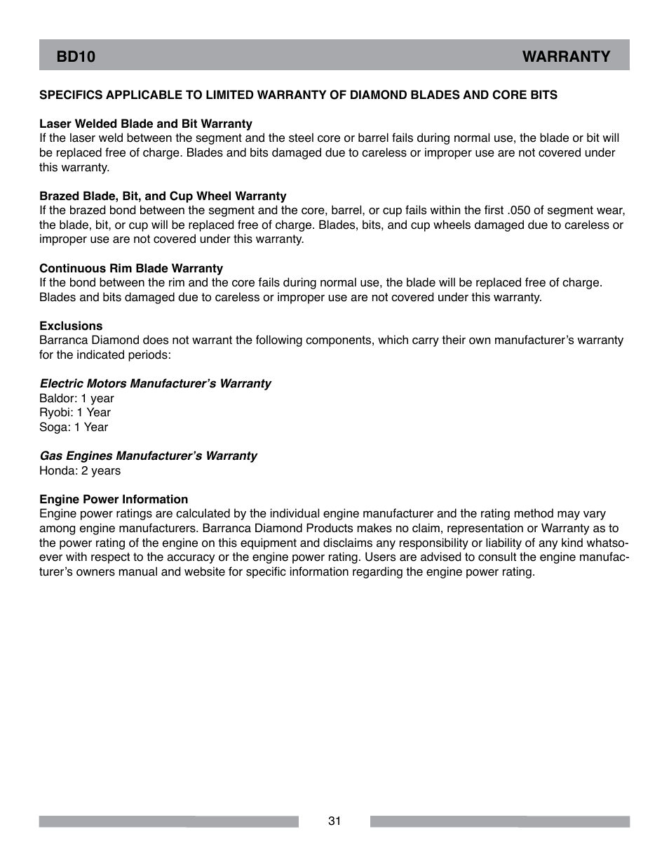 Barranca Diamond BD10 Power Feed Trim Saw User Manual | Page 31 / 36