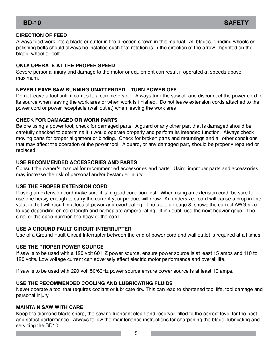 Bd-10 safety | Barranca Diamond BD10 Power Feed Trim Saw User Manual | Page 5 / 36