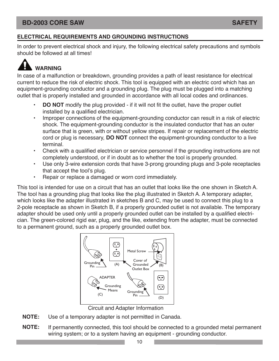 Bd-2003 core saw safety | Barranca Diamond BD-2003E Pro Series Core Saw User Manual | Page 10 / 40