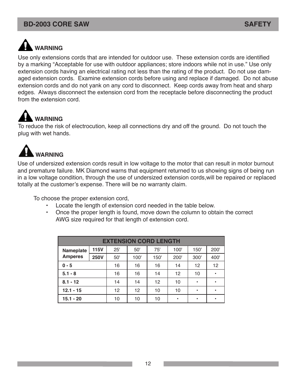 Bd-2003 core saw safety | Barranca Diamond BD-2003E Pro Series Core Saw User Manual | Page 12 / 40