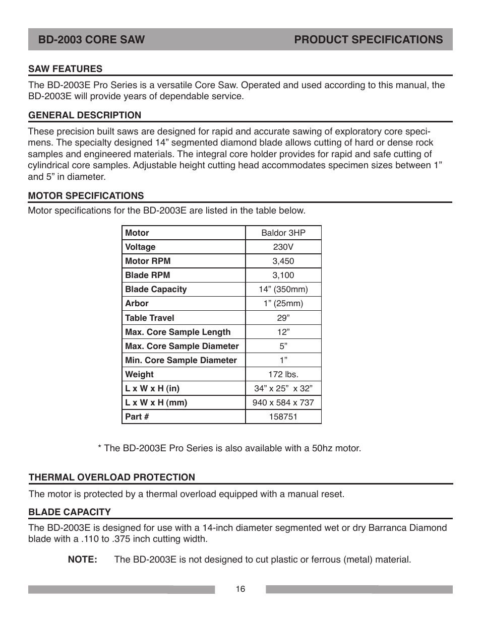 Barranca Diamond BD-2003E Pro Series Core Saw User Manual | Page 16 / 40