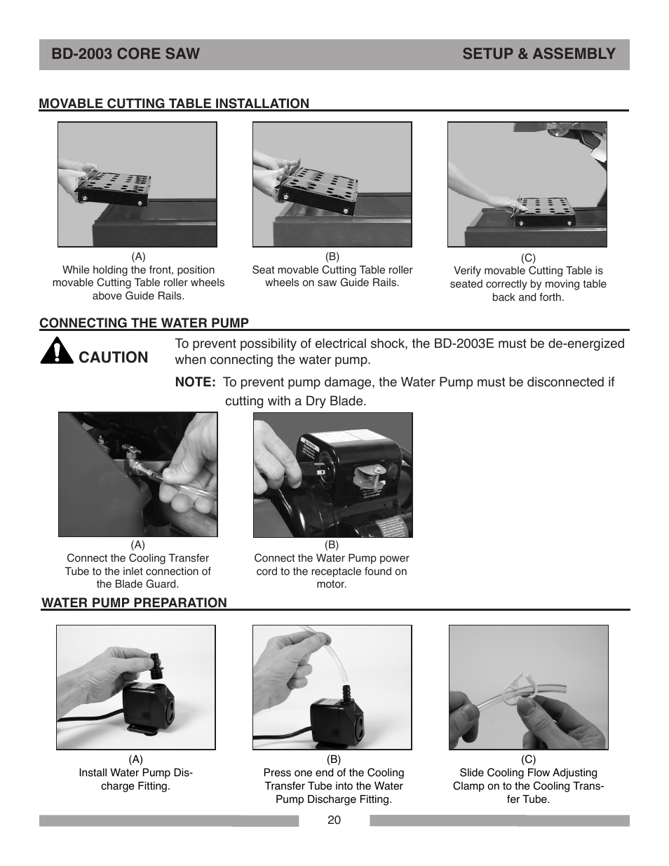 Bd-2003 core saw setup & assembly, Caution | Barranca Diamond BD-2003E Pro Series Core Saw User Manual | Page 20 / 40