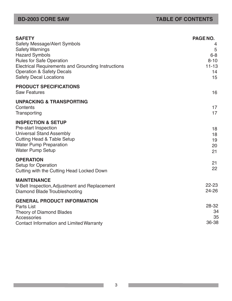 Barranca Diamond BD-2003E Pro Series Core Saw User Manual | Page 3 / 40