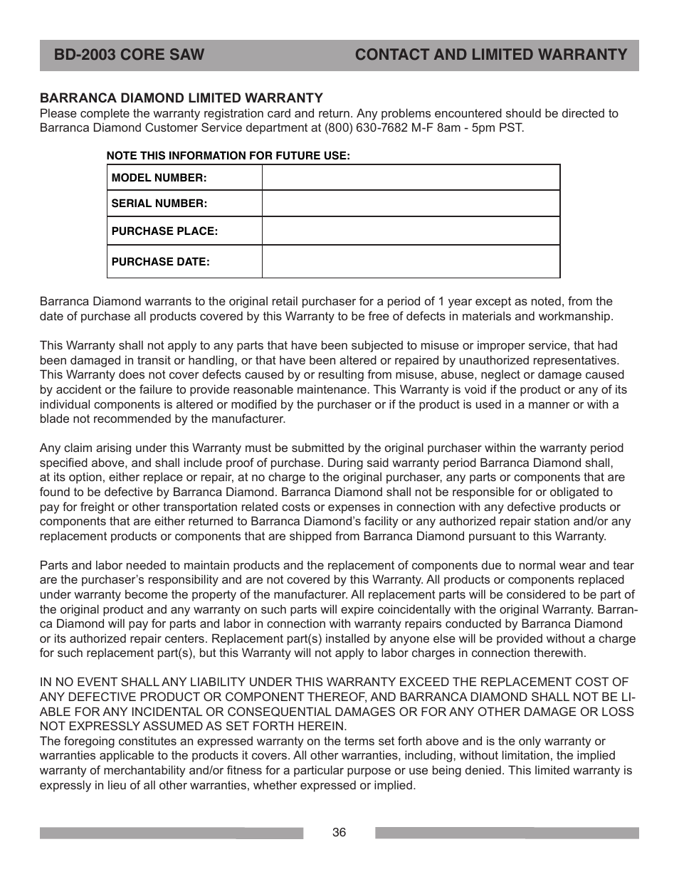 Bd-2003 core saw contact and limited warranty | Barranca Diamond BD-2003E Pro Series Core Saw User Manual | Page 36 / 40