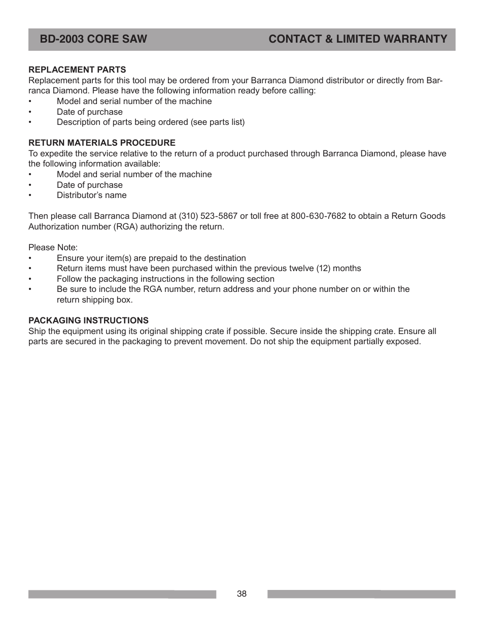 Bd-2003 core saw contact & limited warranty | Barranca Diamond BD-2003E Pro Series Core Saw User Manual | Page 38 / 40