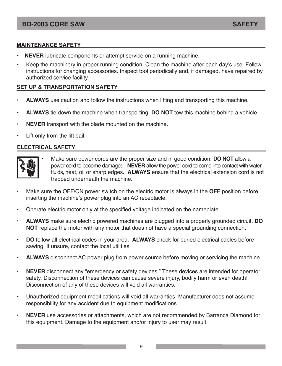 Barranca Diamond BD-2003E Pro Series Core Saw User Manual | Page 9 / 40