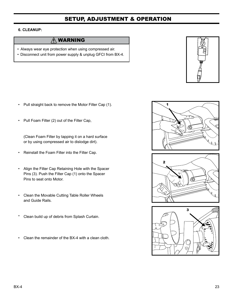 Setup, adjustment & operation, Warning | Barranca Diamond BX-4 BRICK SAW WITH OR WITHOUT MISTING DUST CONTROL User Manual | Page 23 / 50