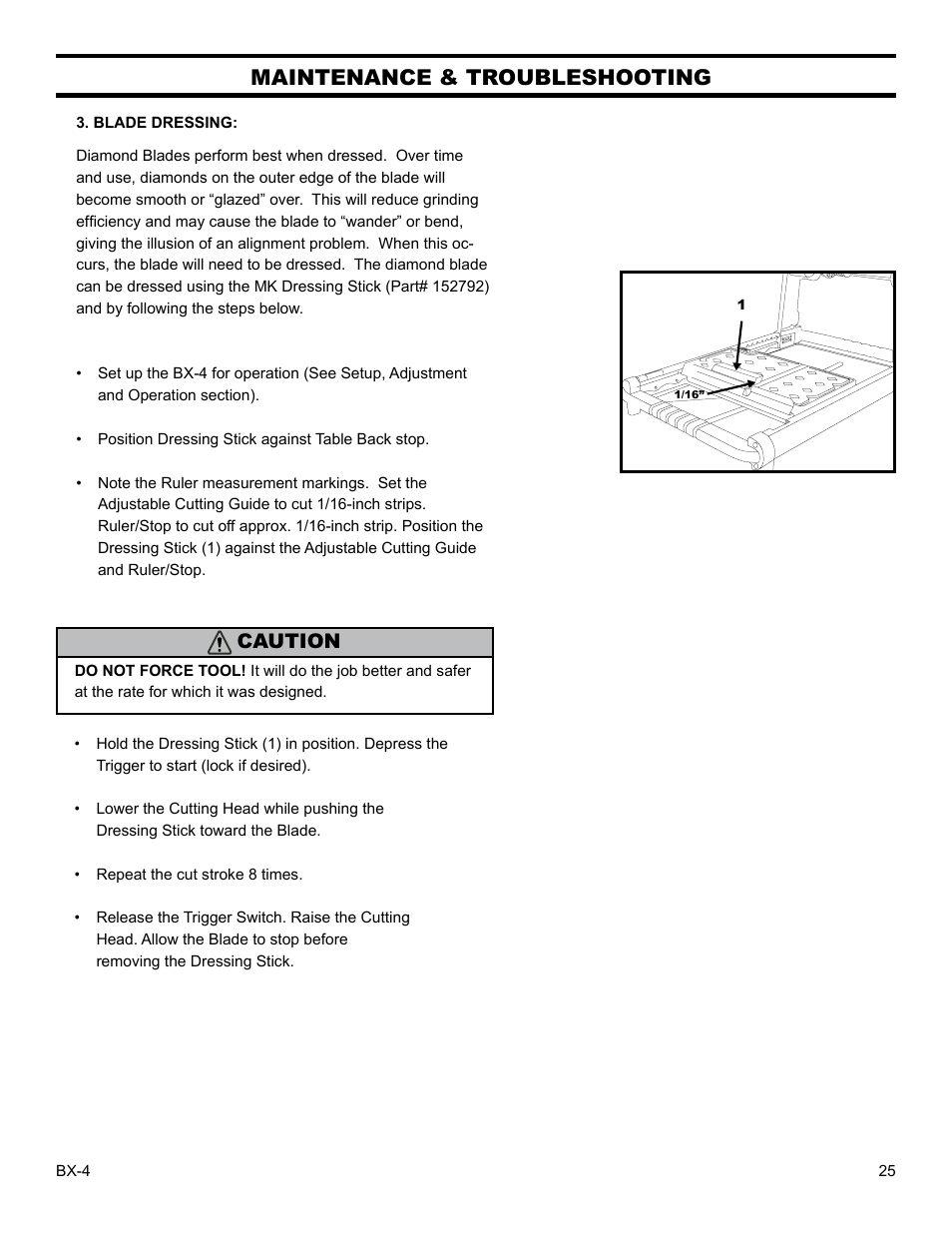 Maintenance & troubleshooting, Caution | Barranca Diamond BX-4 BRICK SAW WITH OR WITHOUT MISTING DUST CONTROL User Manual | Page 25 / 50