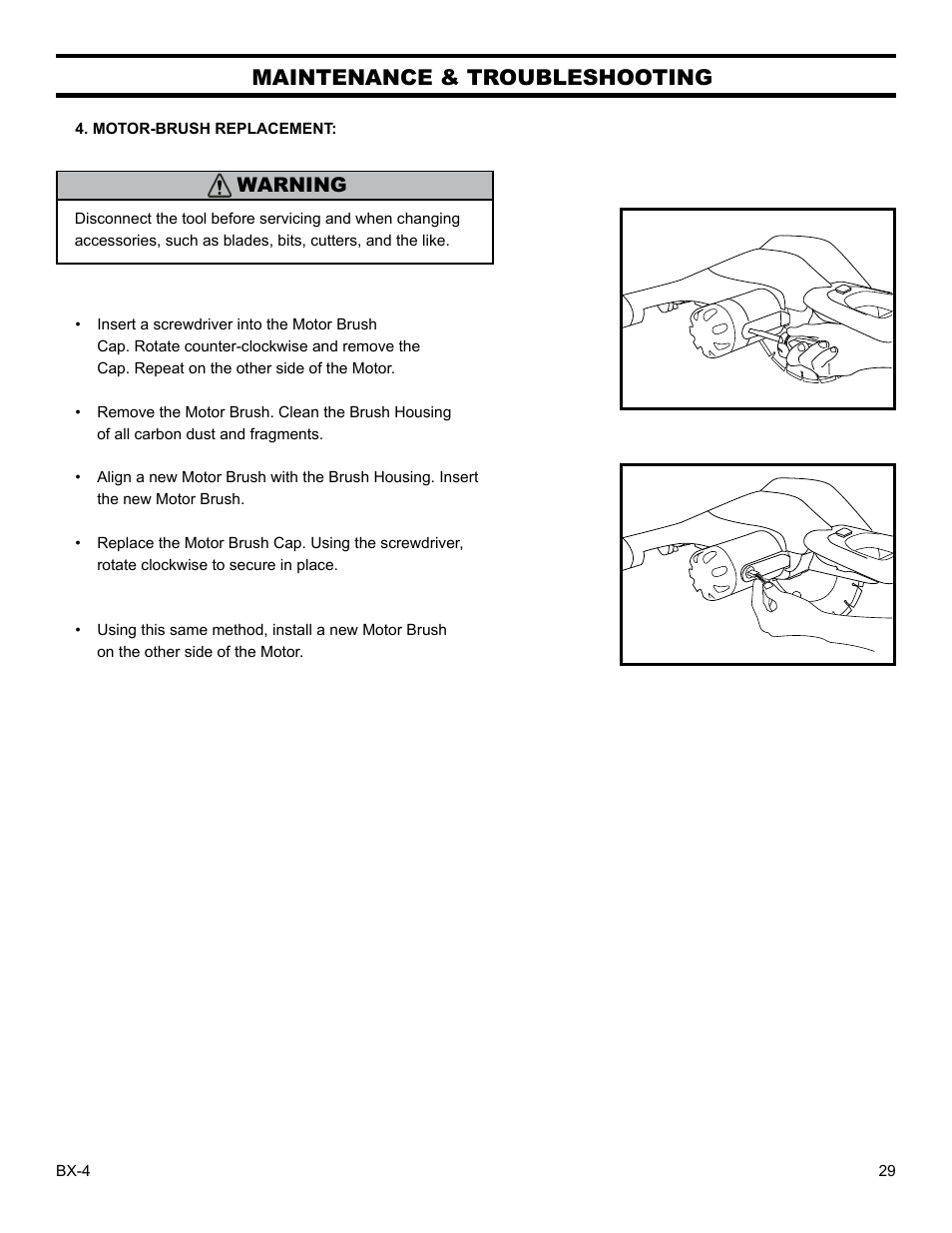 Maintenance & troubleshooting, Warning | Barranca Diamond BX-4 BRICK SAW WITH OR WITHOUT MISTING DUST CONTROL User Manual | Page 29 / 50