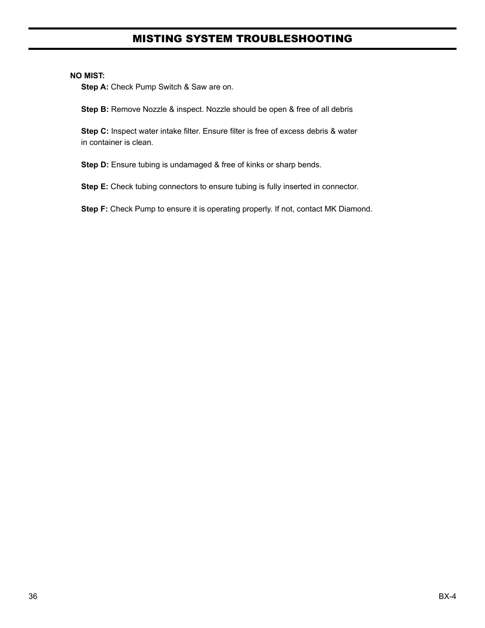 Misting system troubleshooting | Barranca Diamond BX-4 BRICK SAW WITH OR WITHOUT MISTING DUST CONTROL User Manual | Page 36 / 50
