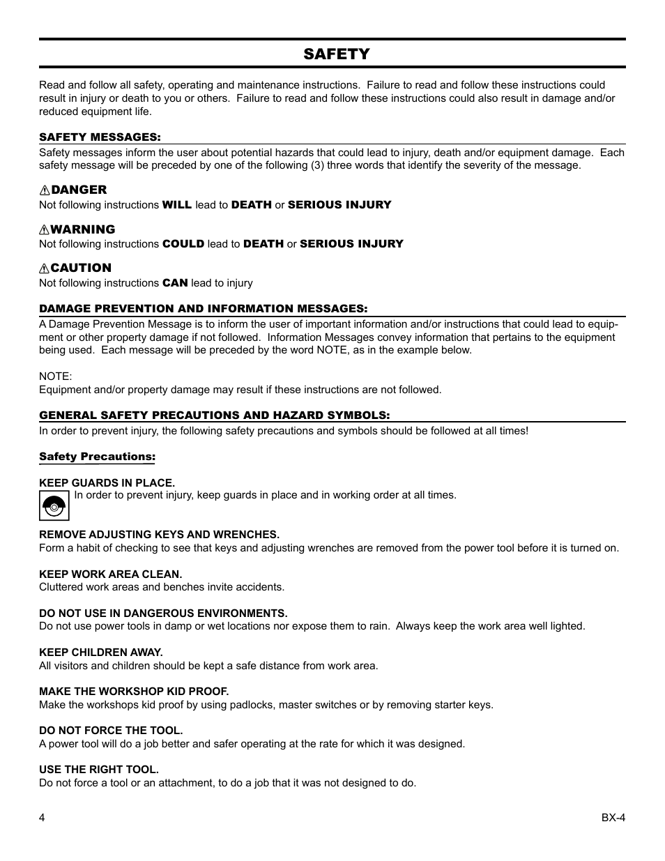 Safety | Barranca Diamond BX-4 BRICK SAW WITH OR WITHOUT MISTING DUST CONTROL User Manual | Page 4 / 50