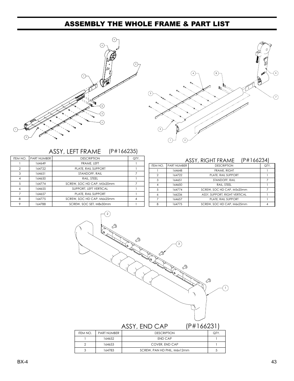 Assembly the whole frame & part list, Assy, left frame, Bx-4 43 | Barranca Diamond BX-4 BRICK SAW WITH OR WITHOUT MISTING DUST CONTROL User Manual | Page 43 / 50