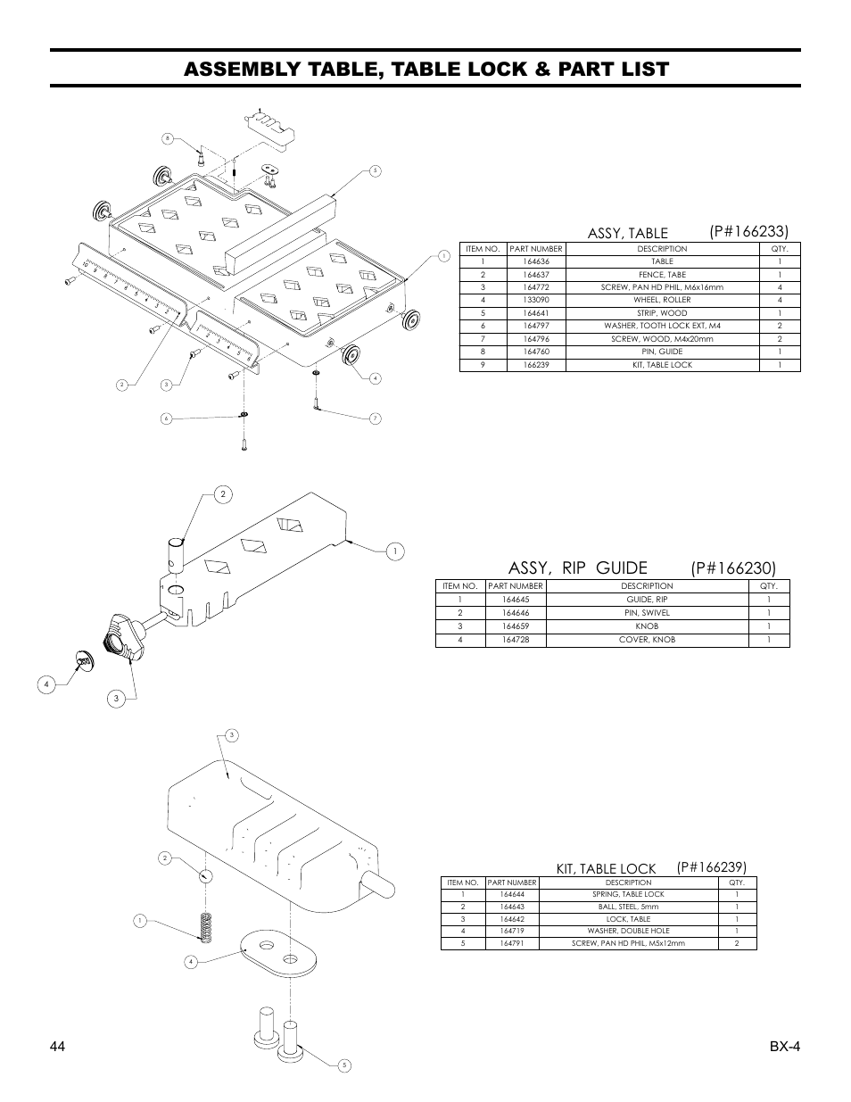 Assembly table, table lock & part list, Assy, rip guide, Assy, table | Bx-4 44 | Barranca Diamond BX-4 BRICK SAW WITH OR WITHOUT MISTING DUST CONTROL User Manual | Page 44 / 50