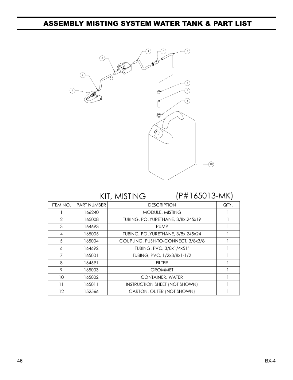 Assembly misting system water tank & part list | Barranca Diamond BX-4 BRICK SAW WITH OR WITHOUT MISTING DUST CONTROL User Manual | Page 46 / 50