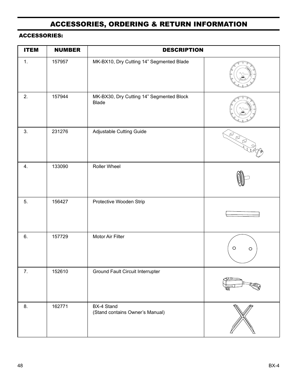 Accessories, ordering & return information | Barranca Diamond BX-4 BRICK SAW WITH OR WITHOUT MISTING DUST CONTROL User Manual | Page 48 / 50