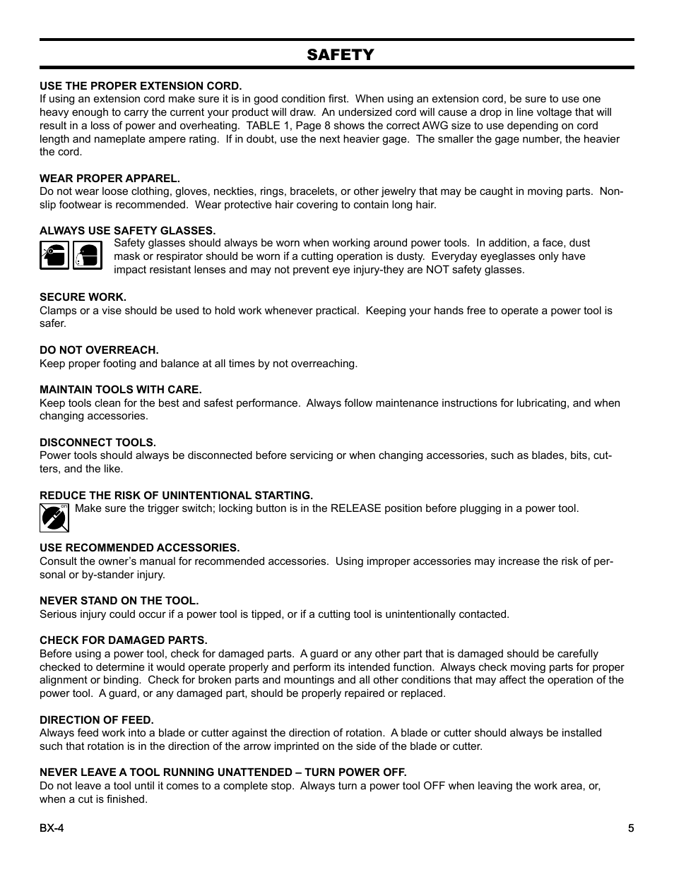 Safety | Barranca Diamond BX-4 BRICK SAW WITH OR WITHOUT MISTING DUST CONTROL User Manual | Page 5 / 50