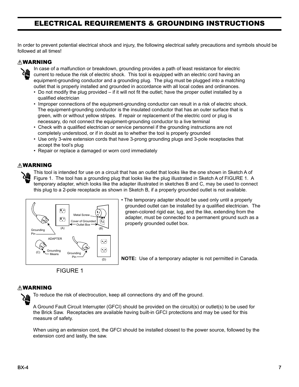 Electrical requirements & grounding instructions, Figure 1 | Barranca Diamond BX-4 BRICK SAW WITH OR WITHOUT MISTING DUST CONTROL User Manual | Page 7 / 50