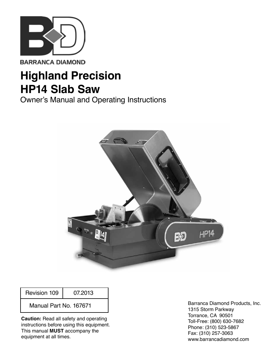 Barranca Diamond HP14 Slab Saw User Manual | 32 pages